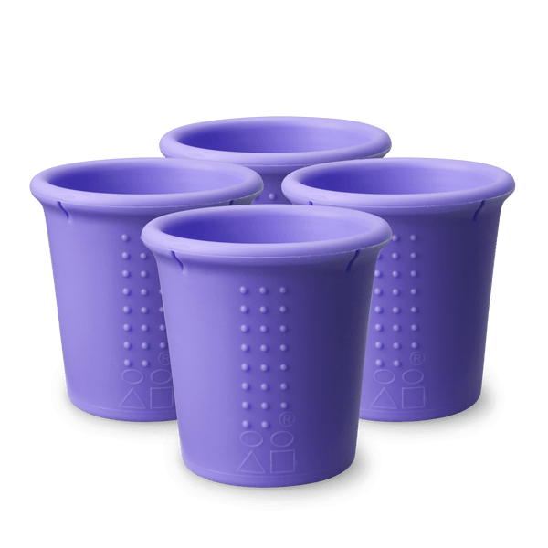 Colorful 8oz stackable silicone cups for kids and toddlers, 4-pack, displayed at an angle. Perfect for mealtime fun!