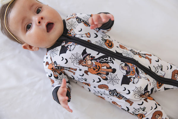 Howdy Boo Zippy zip pajamas for babies, featuring a cozy design and playful patterns, shown from angle 7.