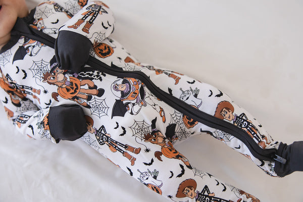 Howdy Boo Zippy zip pajamas for babies, featuring a cozy design and playful patterns, shown at angle 11.