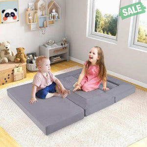 9-Piece Climb and Crawl Foam and Floor Playset with Breathable Suede Fabric-Gray