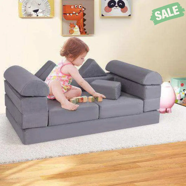 9-Piece Climb and Crawl Foam and Floor Playset with Breathable Suede Fabric-Gray