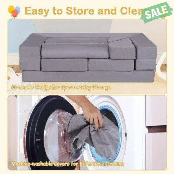 9-Piece Climb and Crawl Foam and Floor Playset with Breathable Suede Fabric-Gray