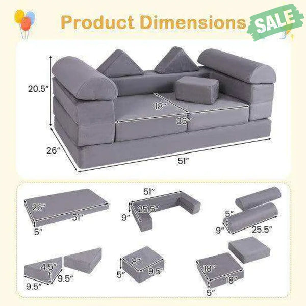 9-Piece Climb and Crawl Foam and Floor Playset with Breathable Suede Fabric-Gray