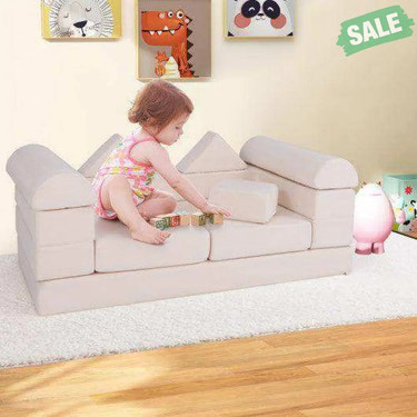 9-Piece Climb and Crawl Foam and Floor Playset with Breathable Suede Fabric-Beige