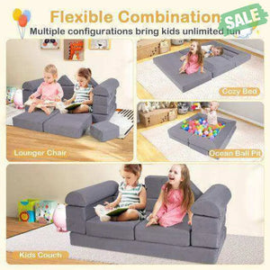 9-Piece Climb and Crawl Foam and Floor Playset with Breathable Suede Fabric-Gray