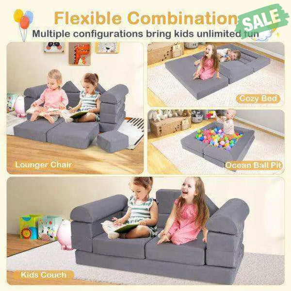 9-Piece Climb and Crawl Foam and Floor Playset with Breathable Suede Fabric-Gray