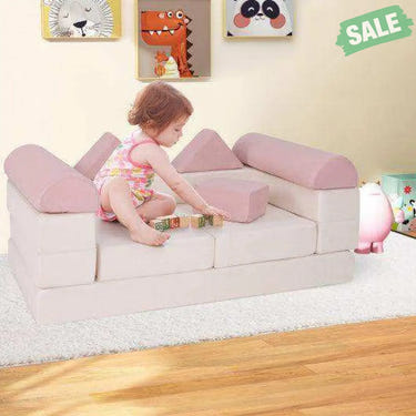 9-Piece Climb and Crawl Foam and Floor Playset with Breathable Suede Fabric-Pink Pink Kids Chairs & Seating