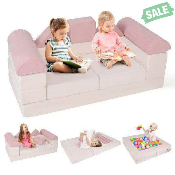 9-Piece Climb and Crawl Foam and Floor Playset with Breathable Suede Fabric-Pink Pink Kids Chairs & Seating