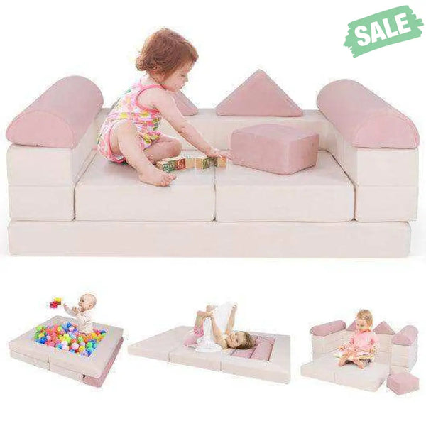 9-Piece Climb and Crawl Foam and Floor Playset with Breathable Suede Fabric-Pink Pink Kids Chairs & Seating