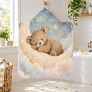 Moon Bear kids hooded bath towel hanging in a kids bathroom
