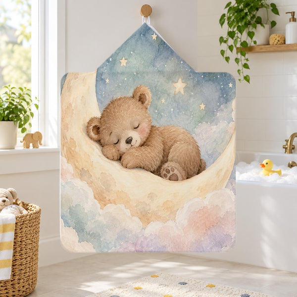 Moon Bear kids hooded bath towel hanging in a kids bathroom