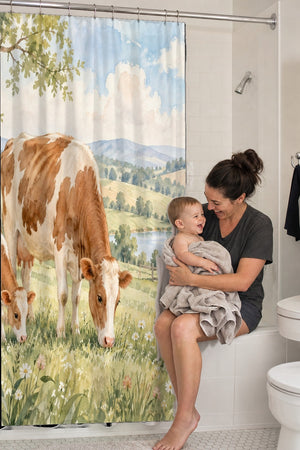 Mom holding her baby on the tub edge next to the Cow and Calf Farm shower curtain