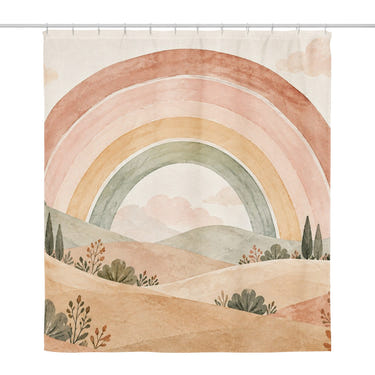 Big Rainbow Meadow shower curtain, full front view of the 71 x 74 in fabric curtain