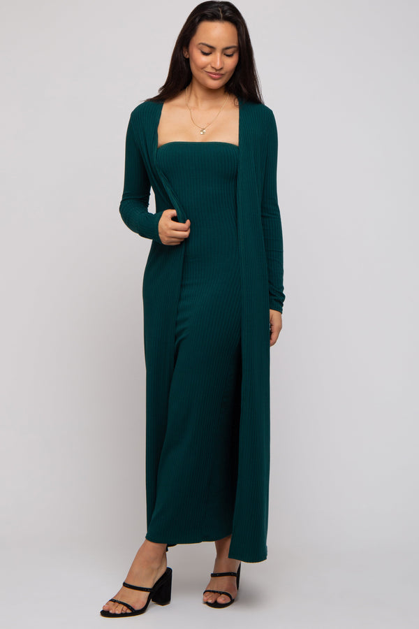 PinkBlush Forest Green Ribbed Sleeveless Dress Cardigan Maternity Set