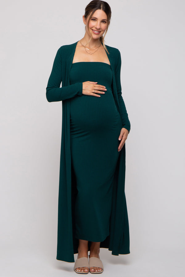 PinkBlush Forest Green Ribbed Sleeveless Dress Cardigan Maternity Set