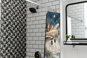 Moonlit Flight shower curtain in a modern farmhouse bathroom with subway tile