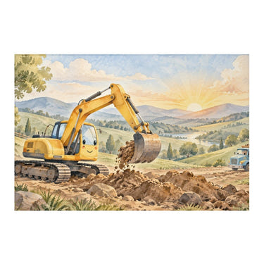 Sunrise Excavator kids rug, full view of the printed design