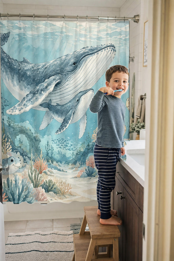 Child brushing teeth in a family bathroom with the Ocean Kingdom shower curtain