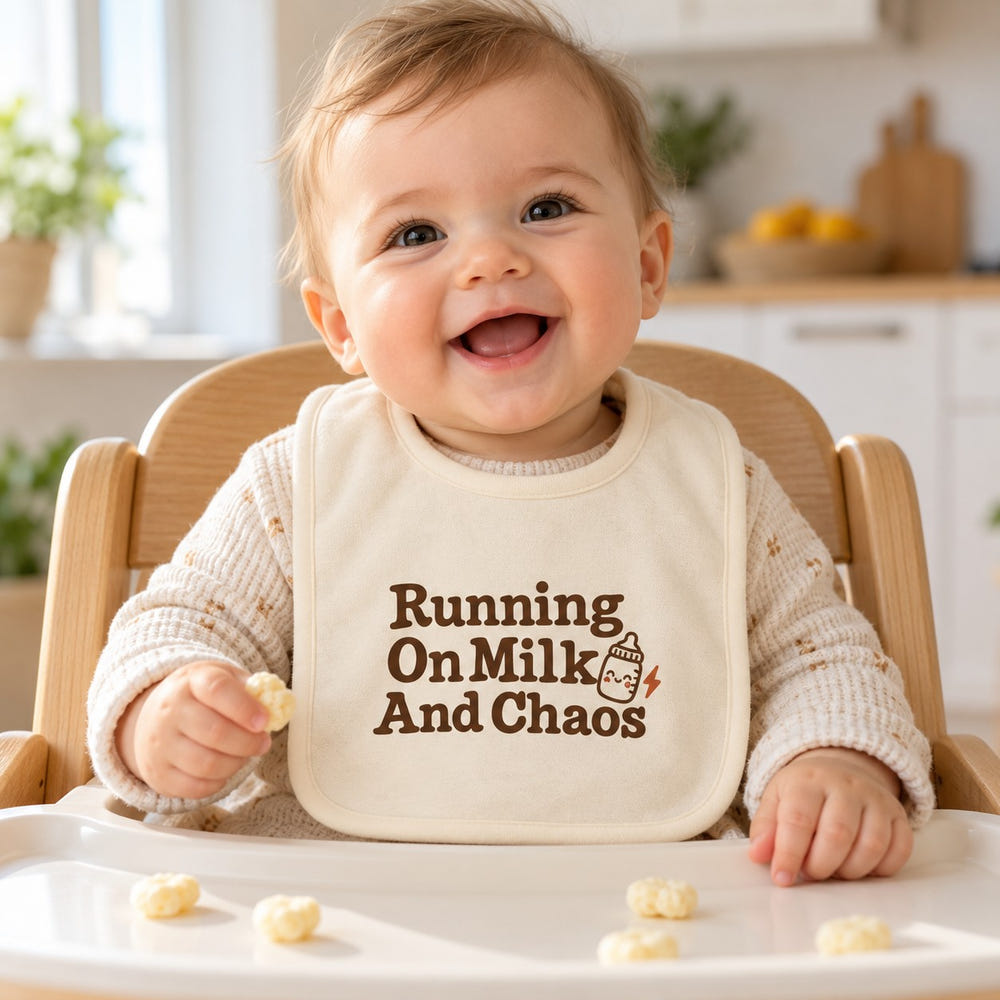 Milk Drunk baby bib in cream, styled photo 1