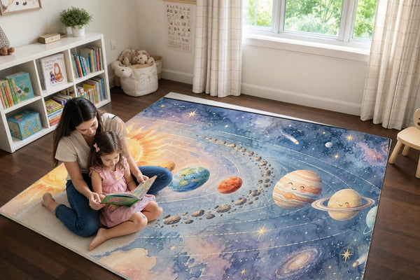 Mom and daughter reading a book on the Pastel Planets play rug