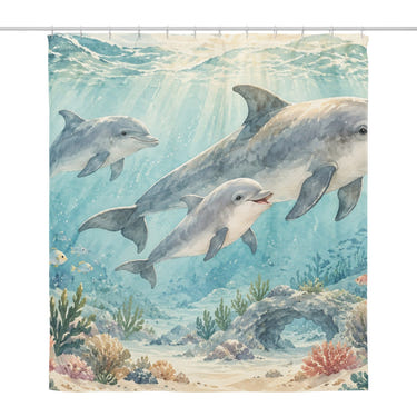 Dolphin Family Ocean shower curtain, full front view of the 71 x 74 in fabric curtain