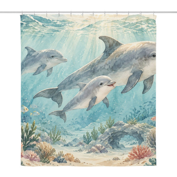 Dolphin Family Ocean shower curtain, full front view of the 71 x 74 in fabric curtain