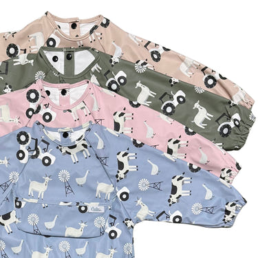 Grayson Long Sleeve Bib featuring a charming farm design for mess-free mealtime fun.