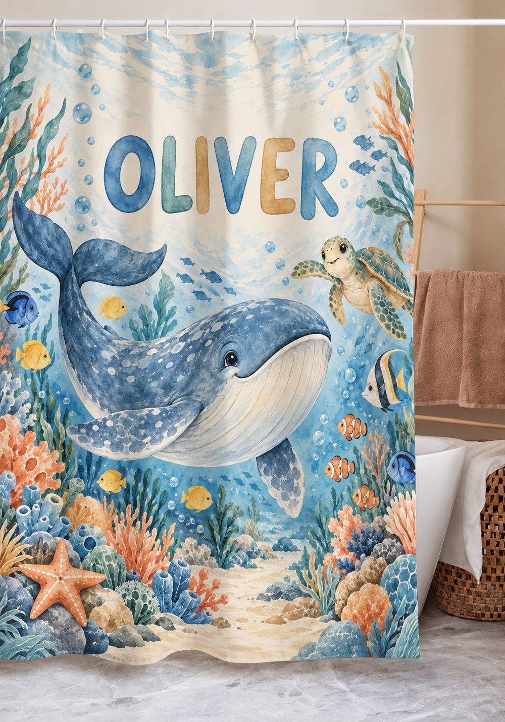 Personalized whale and sea turtle kids shower curtain with the name Oliver
