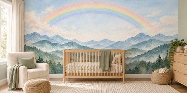 Watercolor Misty Mountain Rainbow Wall Mural, image 1