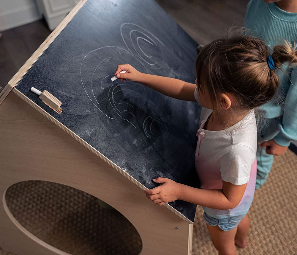 Evergreen children's indoor playhouse with a chalkboard roof, perfect for creative play and imagination.
