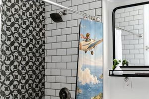 Coastal Explorer shower curtain in a modern farmhouse bathroom with subway tile