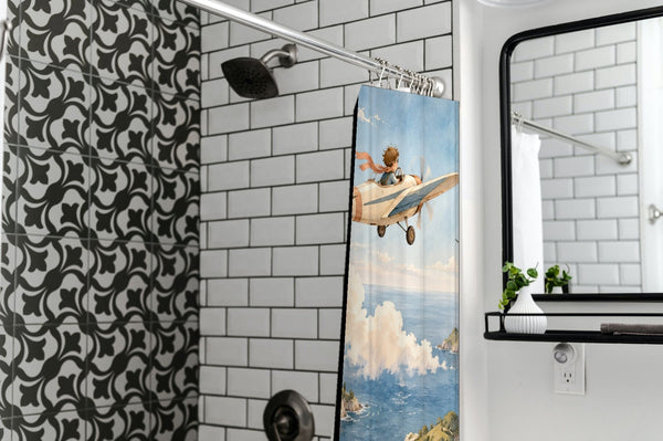 Coastal Explorer shower curtain in a modern farmhouse bathroom with subway tile