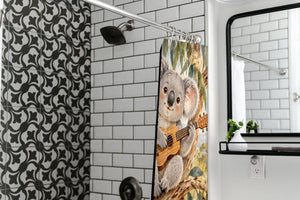 Koala Ukulele shower curtain in a modern farmhouse bathroom with subway tile