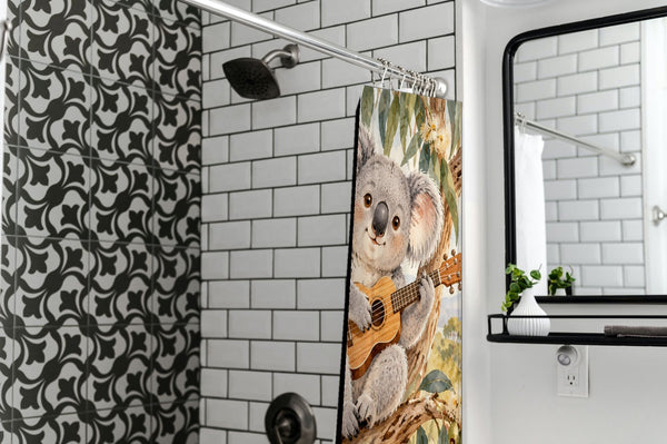 Koala Ukulele shower curtain in a modern farmhouse bathroom with subway tile