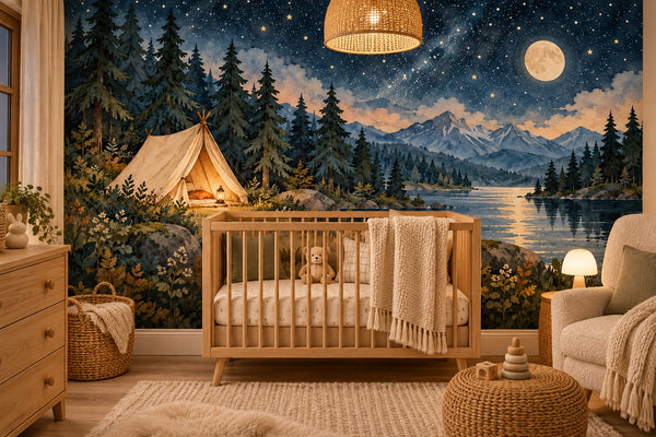 Watercolor Starry Tent Camping Wall Mural, image 1