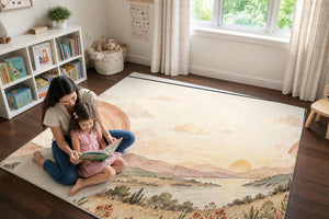 Mom and daughter reading a book on the Twin Rainbow Valley play rug