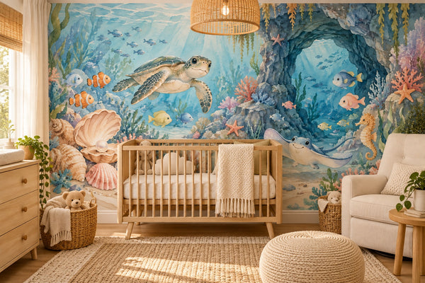 Watercolor Treasure Cove Ocean Wall Mural, image 1