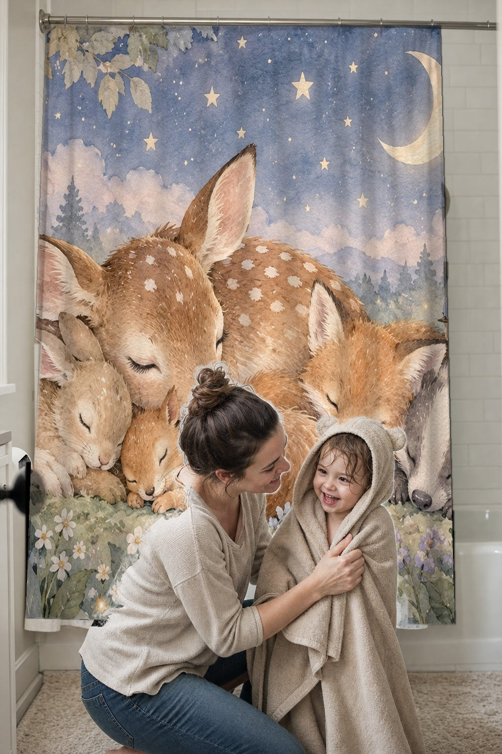 Woodland Friends shower curtain, full front view of the 71 x 74 in fabric curtain