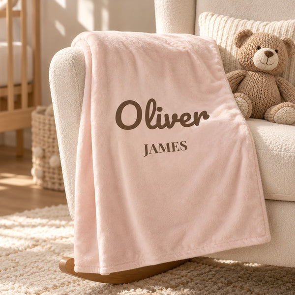 First and Middle Name minky baby blanket in blush, styled photo 1