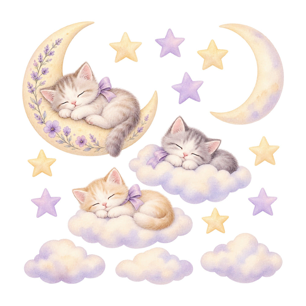 Sleeping Kitten Moon and Clouds Wall Decals, Set of 16, image 1