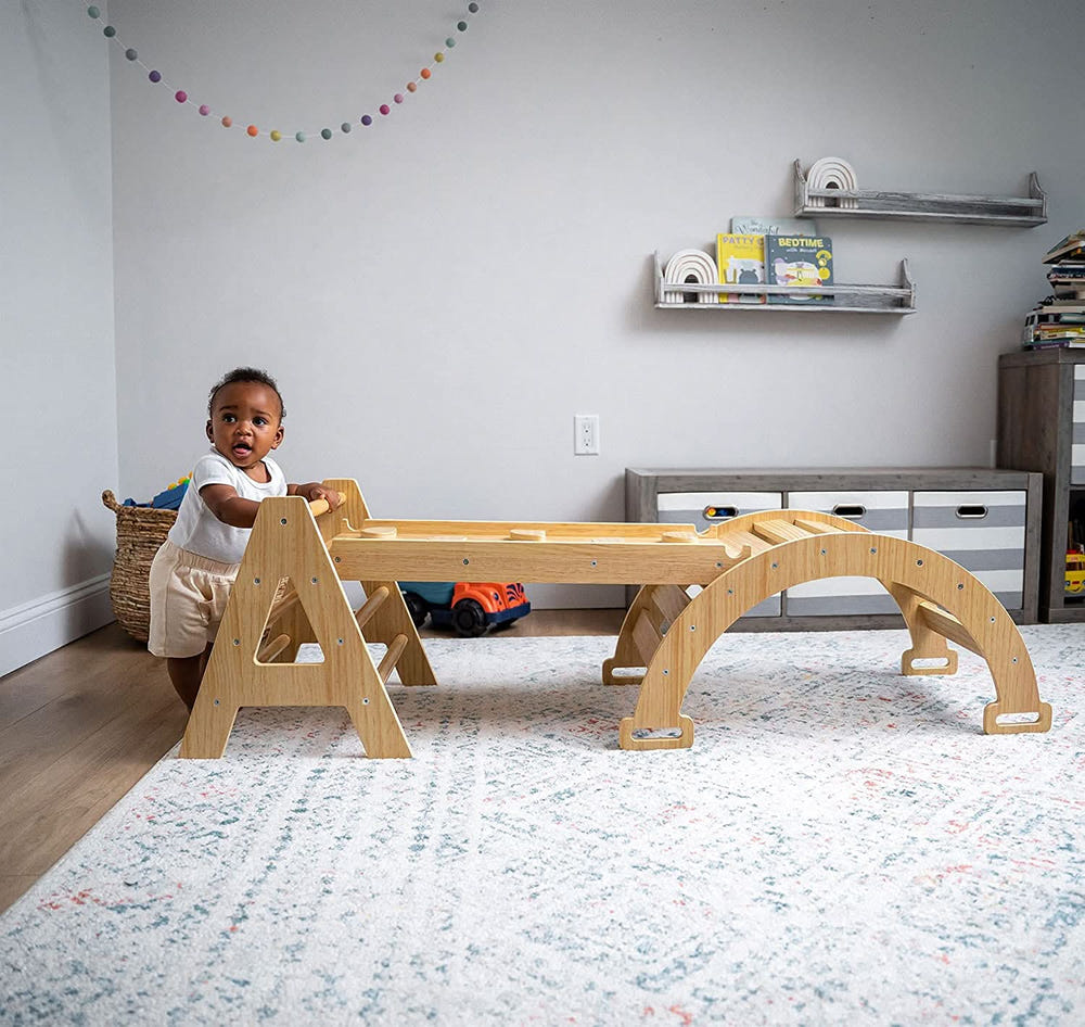Maple Beginner Pikler Triangle & Rocker for indoor play, promoting active learning and motor skills in babies.