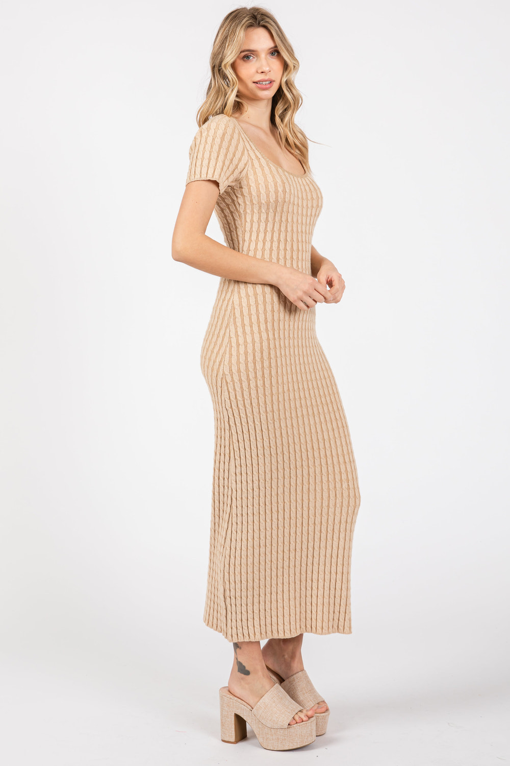 Beige Cable Knit Sweater Dress