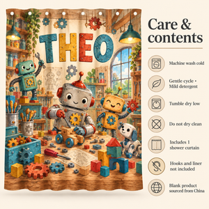 Care and contents of the Robot Workshop personalized kids shower curtain