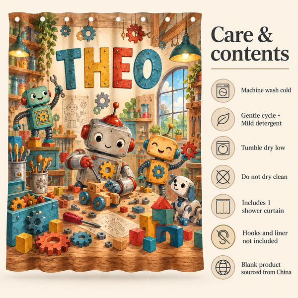 Care and contents of the Robot Workshop personalized kids shower curtain