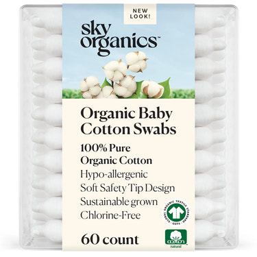 Sky Organics - 100% Organic Baby Cotton Swabs, 60 Ct (Pack of 1) - Gentle Cleaning Swabs