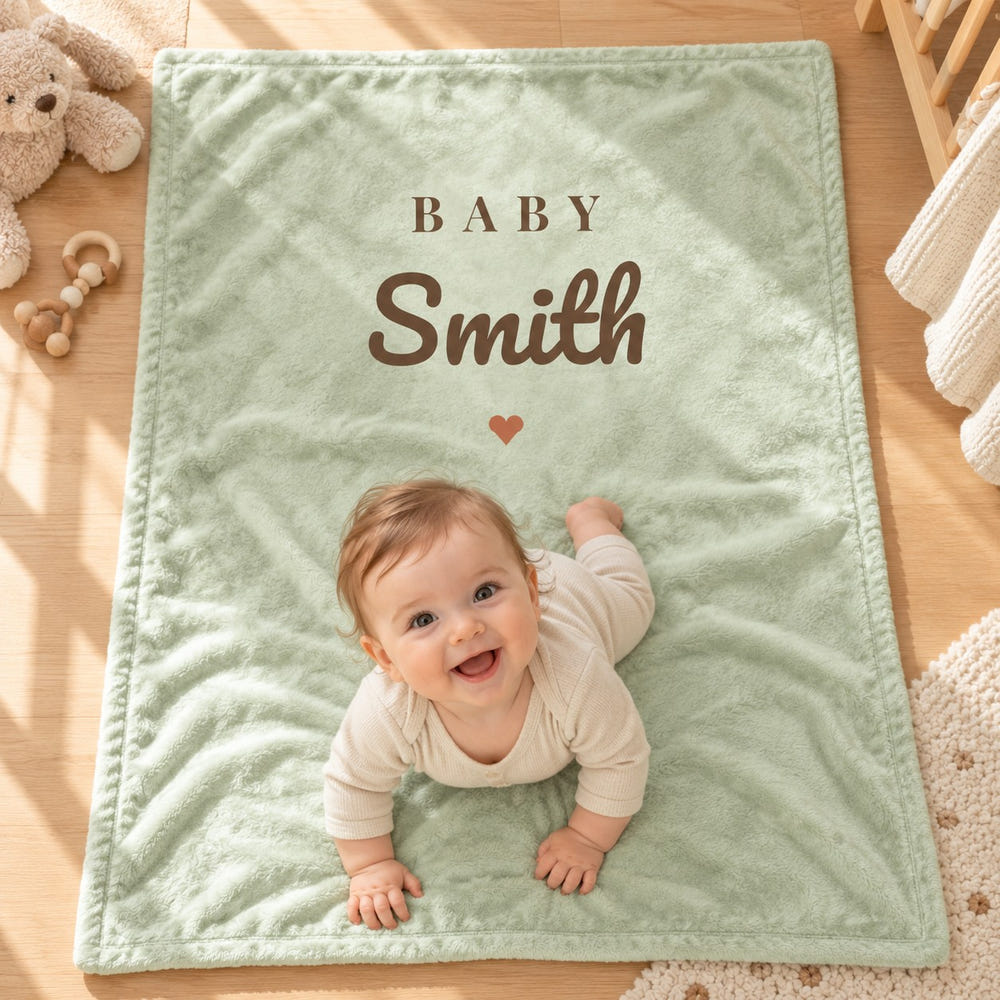 Baby Surname minky baby blanket in sage, styled photo 1