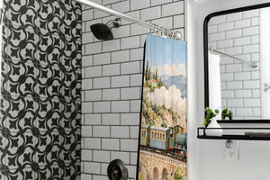 Coastal Train shower curtain in a modern farmhouse bathroom with subway tile