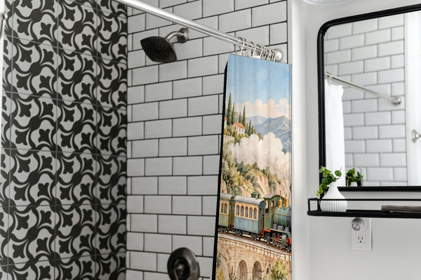 Coastal Train shower curtain in a modern farmhouse bathroom with subway tile