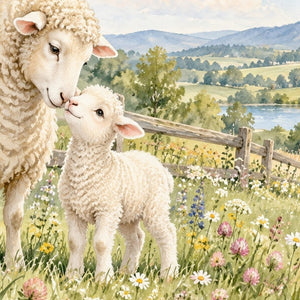 Lamb Meadow Farm kids bath mat, close up of the watercolor artwork