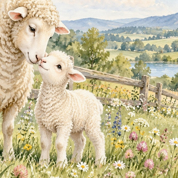 Lamb Meadow Farm kids bath mat, close up of the watercolor artwork